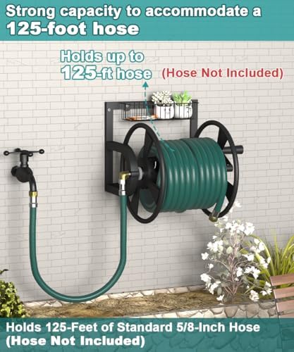 Artigarden Garden Wall Mounted Hose Reel, Outdoor Heavy-Duty Water Hose Holder Winder, Holds 125 Feet of 5/8-Inch Hose, with 3.9 ft Leader Hose, Water Fitting and Storage Basket for Yard, Black - Image 4