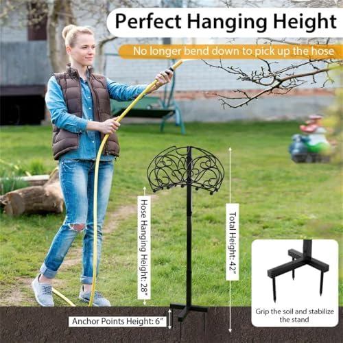 Detachable Freestanding Garden Hose Holder, Metal, Black, 42" Total Height, Free-Standing or Wall Mount, Elegant Arc Design for Yard, Lawn and Garden - Image 3