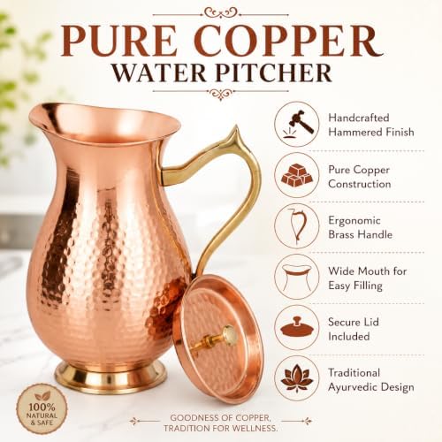 100% Pure Copper Pitcher 1500ml (50.72 oz) – Hammered Copper Water Jug with Lid & Handle, Ayurvedic Copper Water Carafe, Traditional Mughlai Copper Vessel for Drinking Water, Unlined & Lacquer-Free - Image 2