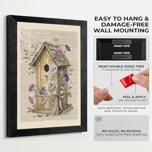Framed Canvas Wall Art Vintage Mixed Media Birdhouse and Morning Glories Sepia Print Canvas Print Poster Black Frame Wall Decor for Bedroom Study, Cottagecore Art - 24x36 Inch - Image 3