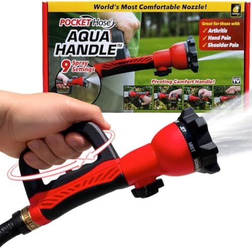 Pocket Hose Aqua Handle Nozzle, Ergonomic Grip, 9 Spray Patterns, Red by PocketHose