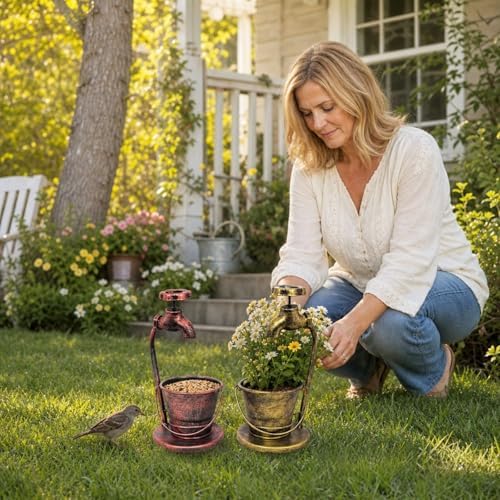 Rustic Faucet‑Shaped Metal Planter, Vintage Bucket Plant Pot, Detachable Multi‑Purpose Succulent Planter Desktop Decor Entryway Yard Decor,Red Copper - Image 3