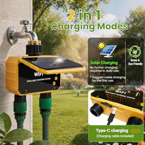 Sprinkler Timer, Solar WiFi Water Timer for Garden Hose, 2 Zone Water Sprinkler with Rain Sensor and Manual Mode via APP/Voice Control, Automatic Irrigation Control System for Lawns, Yard and Pool - Image 2