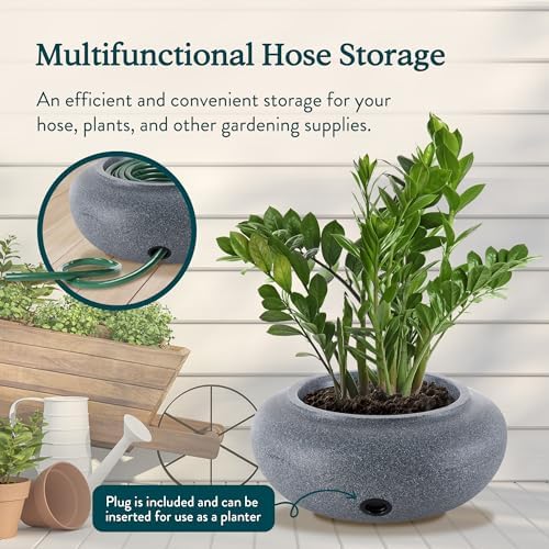 HC Companies Versatile 21 Inch Round Natural Decorative Plastic Outdoor Garden Hose Storage Pot with Side Hole for Faucet Connection, Granite - Image 3