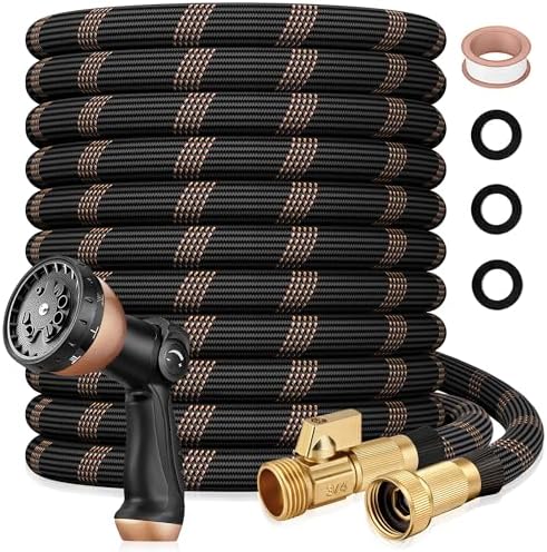 Garden Hose 50ft, 2026 Ultra Lightweight Water Hoses w/10 Function Spray Nozzle and 3/4" Brass Fittings- Durable, & Flexible Water Pipe for Yard, Lawn, Outdoor & Gardening(Black Rose gold) by Unknown