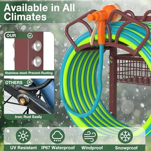 Qatsrin Garden Hose Holder with Large Basket, Heavy Duty Hose Reel, Bronze - Image 5