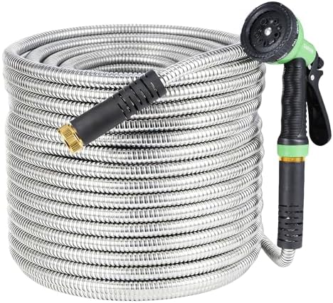 150 ft Stainless Steel Garden Hose with 10-Function Spray Nozzle, Kink-Free Flexible Metal Water Hose, Solid Brass 3/4'' Connectors, Heavy Duty, Durable, Leak-Proof by Unknown