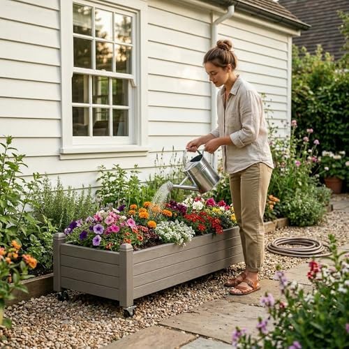 Raised Garden Bed with Wheels Outdoor, Resin Planter Box with Drain Hole and Water Level Detector for Backyard, Patio, Balcony, Gray(13.3" H) - Image 3
