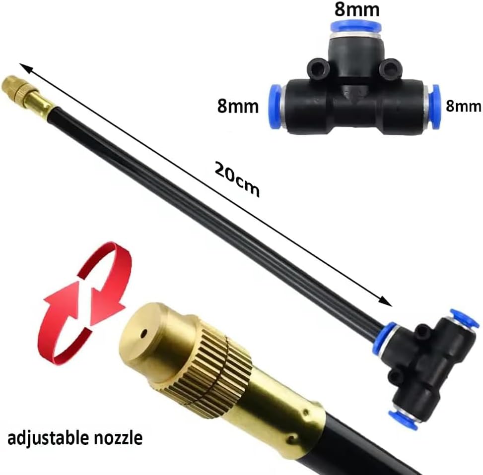 Adjustable brass atomizing nozzle tee with built-in hose for outdoor cooling systems, 360° rotatable Atomizing nozzle + 8mm tee belt 100pc - Image 2