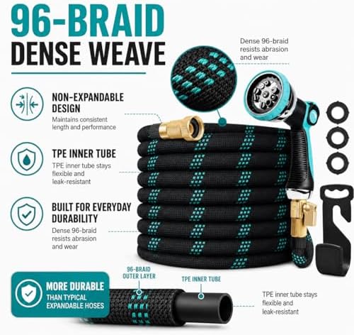 50ft Heavy Duty Garden Hose with Alloy Nozzle & Solid Brass Connectors – Lightweight, No-Kink Flexible Water Hose, 96-Spindle High-Density Weave, 12 Bar Non-Expandable TPE Core for Patio & Lawn - Image 2