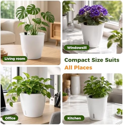 Upgraded Self Watering Pots for Indoor Plants, 8-Pack 5/6.7 Inch Top-Fill Self Watering Planter with Water Window, Clear Wick Inner Basket with Drainage, White (5 Pcs 5" and 3 Pcs 6.7") - Image 7