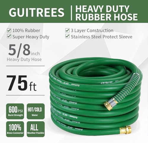 Guitrees 75FT 5/8 Heavy Duty Rubber Garden Hose - 300psi Working, 1000psi Burst - Hot/Cold Water - Five-Layered Braiding for Durability - Versatile for Gardening, Agriculture, Construction(Green) - Image 2