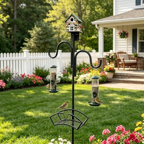 Upgraded Garden Hose Holder, Freestanding Water Hose Holder, Double Shepherds Hooks for Outdoor, Adjustable Hose Stand with 5 Spikes Heavy Duty Metal Bird Feeder Pole for Outside Yard Lawn - Image 5