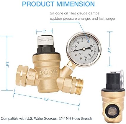 RVAQUA M11-45PSI Adjustable Water Pressure Regulator for RV Camper - Essential RV Accessories with 160 PSI Gauge, Inlet Stainless Screened Filter - Lead-Free Brass RV Water Pressure Reducer - Image 7