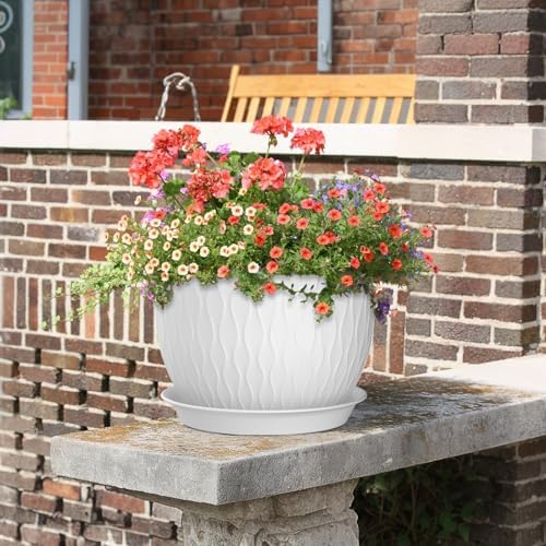 Meowell 12/10/9 inch Large Plant Pots, 3 Pack Wide Flower Pots for Outdoor Indoor Plants with Water Ripples, Big Plastic Planters with Drainage Holes and Saucers for Garden House Plants, White - Image 6