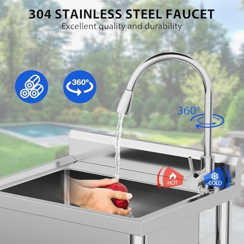 24"x20"x41" Stainless Steel Utility Sink, Freestanding Single Bowl with Hot & Cold Water Faucet, Commercial Kitchen Laundry Bathroom Garage Garden Sink - Image 4