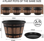 Quarut Plant Pots Set of 4 Pack 12 inch,Large Whiskey Barrel Planters with Drainage Holes & Saucer.Plastic Flower Pots Imitation Wine Barrel Design, for Indoor & Outdoor Garden Home Plants (Brown) - Image 2