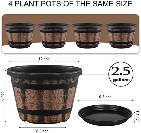 Quarut Plant Pots Set of 4 Pack 12 inch,Large Whiskey Barrel Planters with Drainage Holes & Saucer.Plastic Flower Pots Imitation Wine Barrel Design, for Indoor & Outdoor Garden Home Plants (Brown) - Image 2