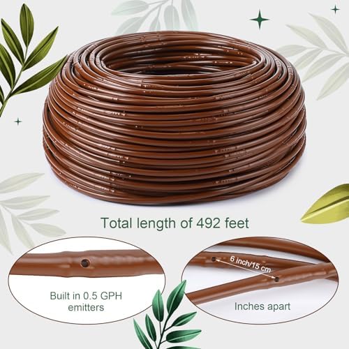 Nuanchu 492 ft 1/4" Drip Irrigation Tubing Irrigation Hose Garden Watering Tube Line with 6 Inch Emitter Spacing Blank Distribution Tubing Drip Line Watering for Garden Irrigation System Flower, Brown - Image 2
