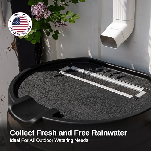 RTS Home Accents Premium 55-Gallon Rain Barrel with Removable Lid, Flat Back Rain Water Collection Barrel, Stand Included, Woodgrain with Black Stripes - Image 7