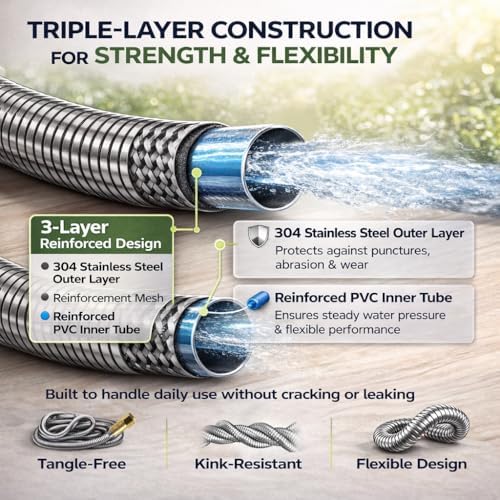 Metal Garden Hose 150 ft – 304 Stainless Steel Water Hose with Nozzle Sprayer, Garden Hoses Flexible, Lightweight, No Kink, Heavy Duty for Outdoor (150 ft) - Image 4