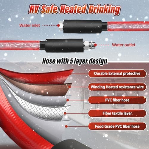 Upgrade 13FT，26FT，50FT RV Heated Drinking Water Hose | Water Line Freeze Protection -45°C（-49°F）Heat Garden Hoses,Water Hose for Winter Includes Adapter for Connection to Either End of Hose - Image 4