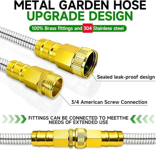 Outdoor Garden Hose 100ft Metal Stainless Steel Heavy Duty Kink Free 2 Nozzles 3/4 Brass Fittings Rust Proof For Lawn Rv Watering 100FT - Image 2
