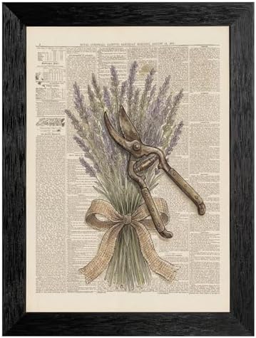 Framed Canvas Wall Art Vintage Gardening Shears and Lavender Muted Tones on Printed Page Canvas Print Poster Black Frame Wall Decor for Kitchen Cottagecore Art, Rustic Home Decor - 12x16 Inch by Unknown