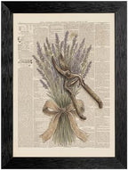 Framed Canvas Wall Art Vintage Gardening Shears and Lavender Muted Tones on Printed Page Canvas Print Poster Black Frame Wall Decor for Kitchen Cottagecore Art, Rustic Home Decor - 12x16 Inch by Unknown