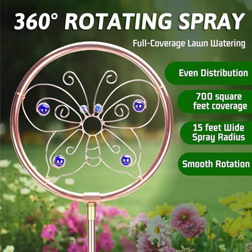 34" Tall Copper-Coated Stainless Steel Garden Sprinkler, 360° Rotating Decorative Ornamental Sprinkler for Lawn, Yard & Landscape Watering (Butterfly) - Image 2