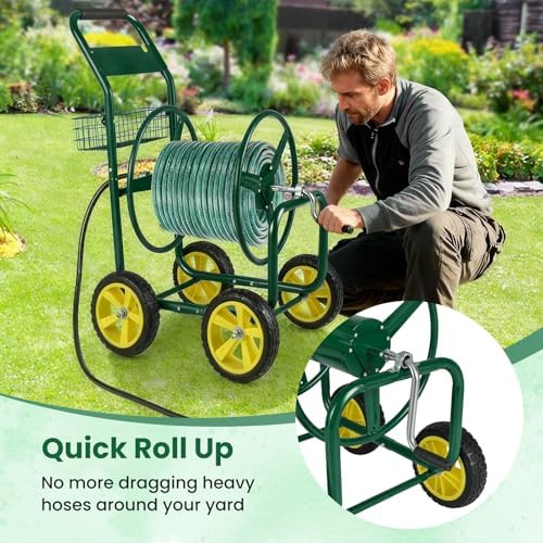 Goplus Garden Hose Reel Cart, 300 ft 5/8" or 400 ft 1/2", Heavy-Duty Metal Hose Cart w/ 4 Wheels, Storage Basket, Portable Water Hose Organizer for Yard Planting Lawn - Image 7
