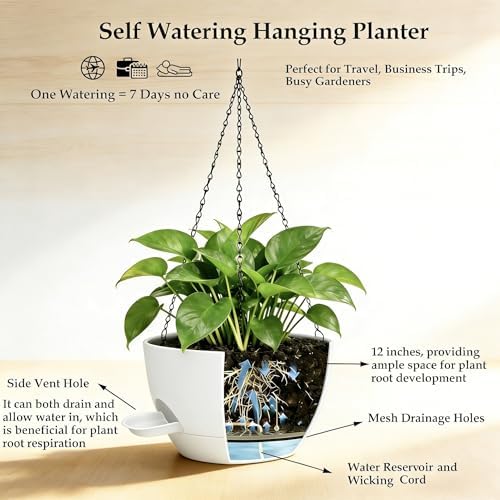 12 Inch Self Watering Hanging Planters 2 Pack, White - Image 5