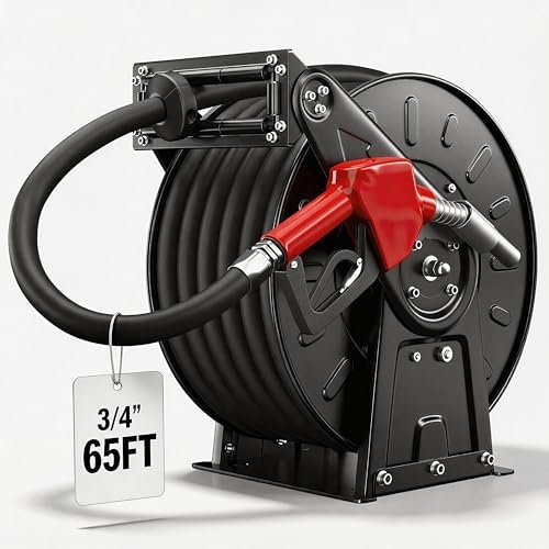 3/4" Diesel Fuel Hose Reel, Industrial 65ft 300 PSI Retractable Hose for Diesel Spring Driven, Auto Swivel Fuel Pump Transfer Hose with Nozzle, Refueling for Service Truck,Tank, Aircraft by Dkenicor
