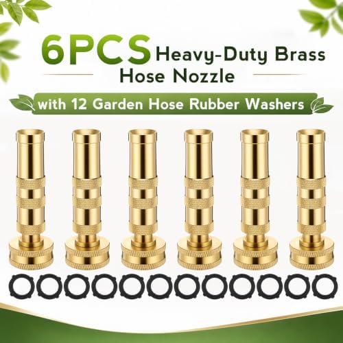 6 Pack Solid Brass Hose Nozzle, 4" Heavy Duty Brass Garden Hose Nozzle with 12 Rubber Washers, Adjustable Pressure Spray for Car Washing Outdoor Garden - Image 3