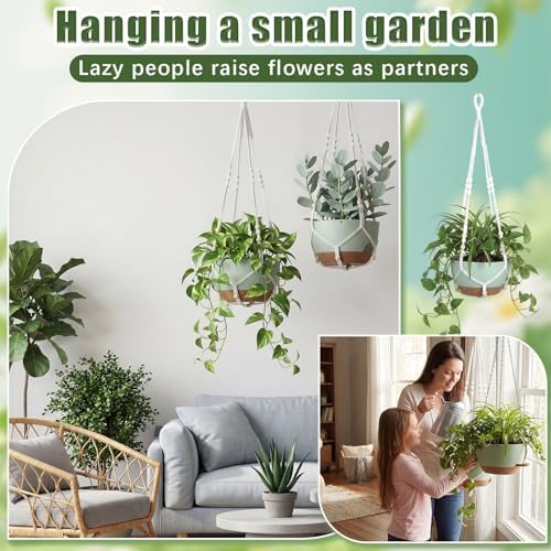 Sliner Set of 4-12 Inch Self Watering Hanging Planters Includes Hanging Pots and Outdoor Hanger Plant Pots with Drainage Holes 2 Types of Hanger Basket Hooks for Patio Garden(Green Brown) - Image 7