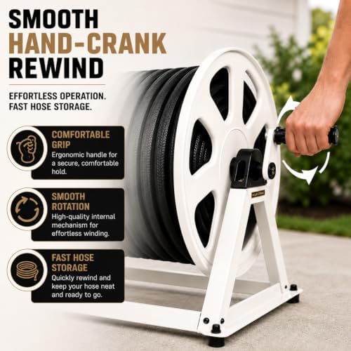 Dual Floor and Wall Mounted Garden Hose Reel, Holds 200ft of Water Hose, Heavy Duty Metal Hose Reel, Space Saving Hose Reel Organizer for Yard, Garage & Shed (White) - Image 5