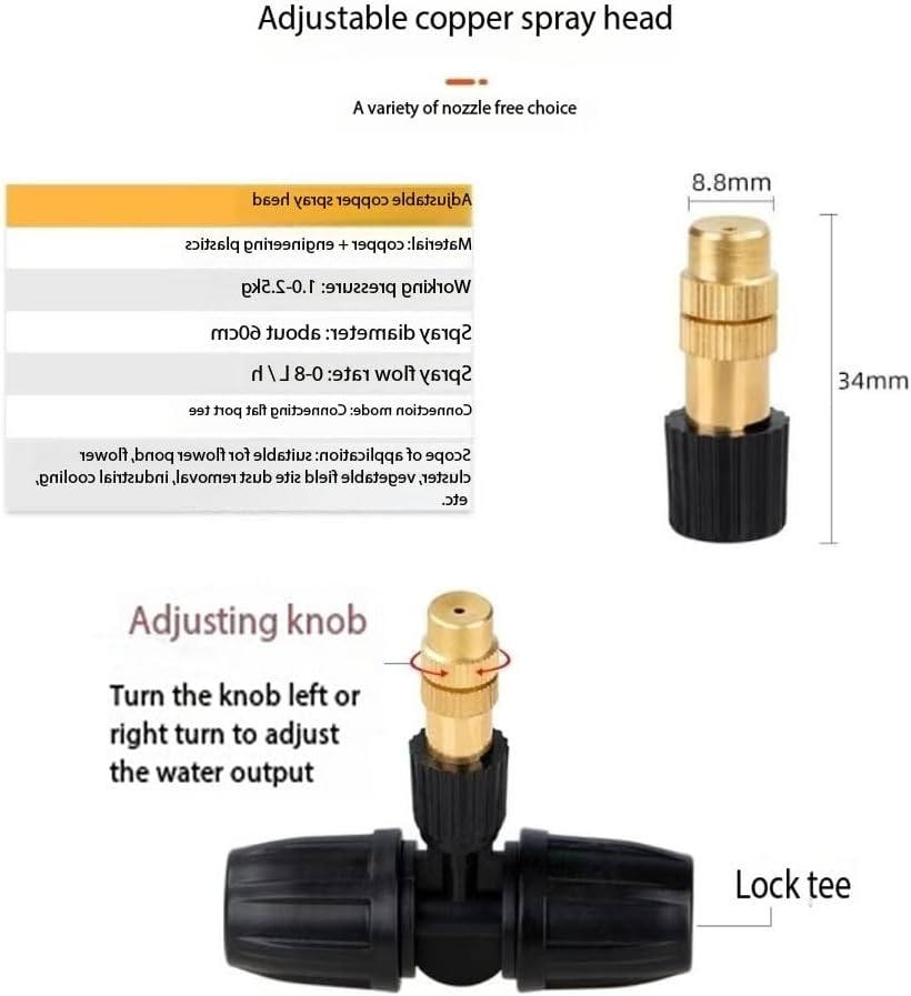 Adjustable Flow Brass Spray Nozzle + Connector Drip Irrigation Nozzle Outdoor Botanical Garden Courtyard Greenhouse Cooling Spray System 50pc Copper Nozzle+8/11 Lock tee - Image 5