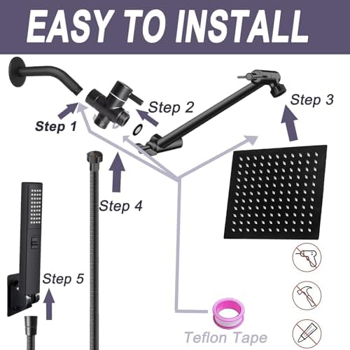 12" High Pressure Square Rain Shower Head and 2-in-1 Hand Shower, Rainfall Showerhead with 13" Shower Arm, Equipped with 78" Hose, Adhesive Shower Head Holder (Square Shower Head Set Black) - Image 6