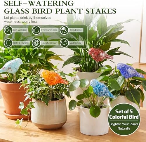 Duraaamo Self Watering Plant Globes Set of 5 - Bird Shaped Multicolor Hand Blown Glass Watering Bulbs, Automatic Plant Accessories Devices for Indoor & Outdoor Plants, Decorative Garden Stakes - Image 3
