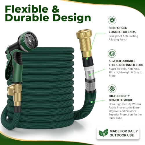 Garden Hose 100 ft, 2026 Upgraded Kink Free Flexible Water Hose 100ft With 10 Pattern Spray Nozzle, Leak-Proof, Portable, Ultra Lightweight & Durable Garden Hose for Yard, Lawn, Outdoor (DarkGreen) - Image 3