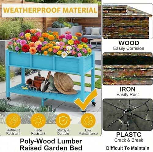 DWVO 47x18x31in Raised Garden Bed HDPE, Weather-Resistant Poly Wood Planter Box Stand, Planter Box with Legs, Storage Shelf & Lockable Wheels, Elevated Garden Bed for Backyard Patio - Aruba Blue - Image 3