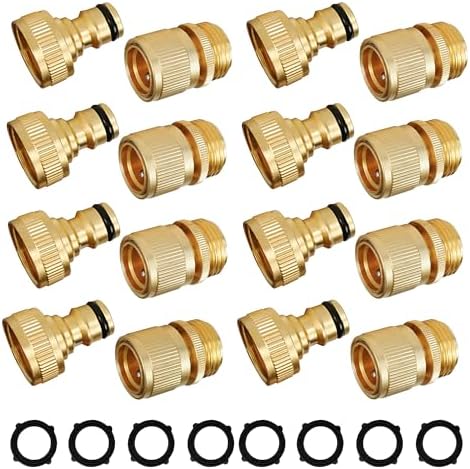 Hourleey Garden Hose Quick Connect, 8 Set Solid Brass 3/4 Inch GHT Thread Garden Hose Quick Connect Fittings, No-Leak Male and Female Water Hose Quick Release Connectors by Hourleey