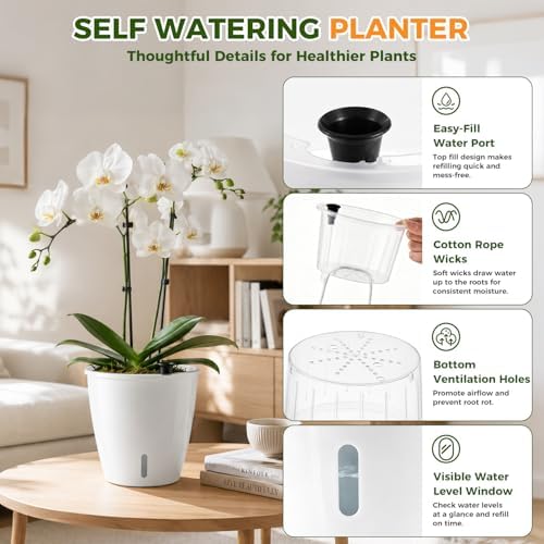 Upgraded Self Watering Pots for Indoor Plants, 12-Pack 5 Inch Top-Fill Self Watering Planter with Water Window, Orchid Pots, Clear Wick Inner Basket with Drainage, White - Image 3