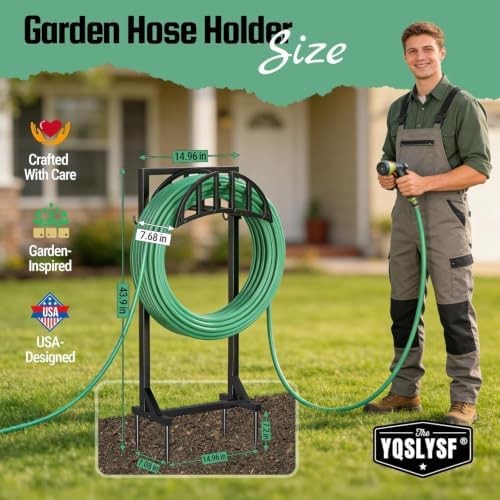 YQSLYSF Garden Hose Reel Holder, Water Hose Stand with 4 Stake and 2 Tool Hooks, Heavy-Duty Metal Hose Storage Holds 150Ft, Freestanding Hose Hanger Rack for Outside, Yard, Lawn, Farm（White） - Image 5