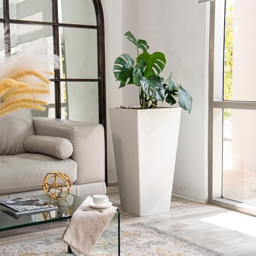 XBrand Modern 30-Inch Tall Square Planter, Tapered Design for Indoor & Outdoor Use, Patio Decor, Set of 2, White - Image 3