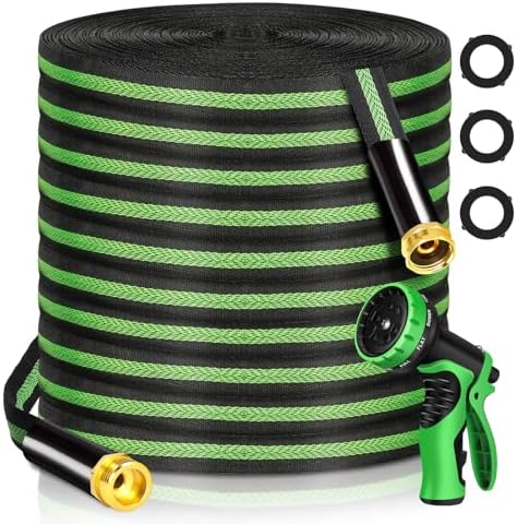 Garden Hose 100 ft Flexible Water Hoses Non-Expanding Lightweight Portable No Kink High Pressure Flat Fabric 3/4” fittings Leak-proof Durable Pipe for Outdoor Outside Yard Lawn Patio Watering Car Wash by kegemor