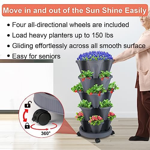 DUNCHATY Stackable Planter, Vertical Garden Planter with Wheels and Tools, Self Watering Strawberry Indoor/Outdoor 5 Tier Tower Herb for Growing Vegetables Succulents, Dark Gray - Image 5