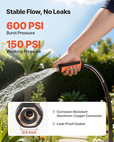 VEVOR Garden Hose, 75 ft 5/8" Heavy Duty 4-Layer Rubber Water Hose, 150PSI Working & 600PSI Burst, Flexible & Non-kink Outdoor Waterhose with 3/4" Fitting, Lightweight Hoses for Gardening Cleaning - Image 4