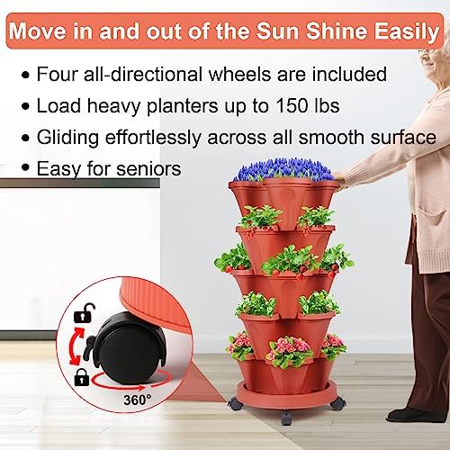 DUNCHATY Stackable Planters 5 Tier Vertical Garden Planting Tower Planters Strawberry, Herb, Flower, and Vegetable Planter Indoor Outdoor Gardening Pots with Removable Wheels and Tools - Image 3