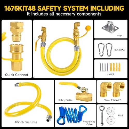 3/4" × 48 inch Commercial Gas Hose, 1675KIT48 Safety System Kit, Mobile Gas Line Hose Connector Kit for Commercial Kitchen, with 3/4" Quick Disconnect - Image 2